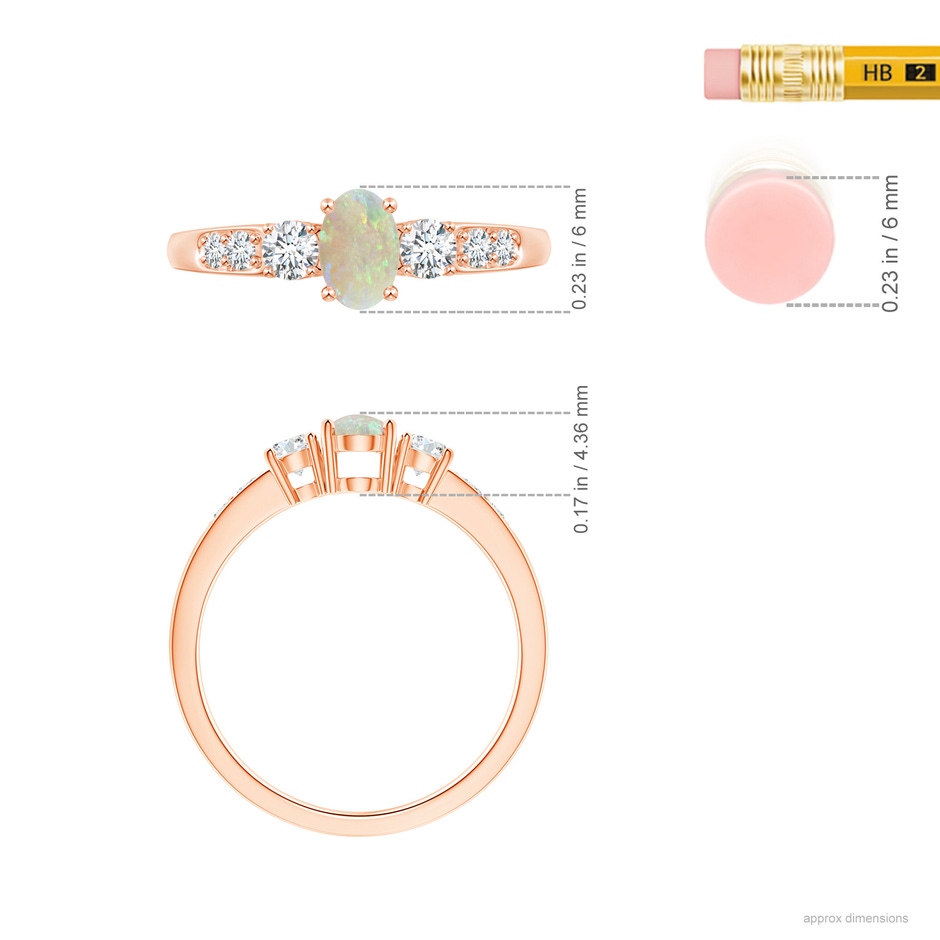6x4mm AAA Three Stone Opal and Diamond Ring with Accents in Rose Gold ruler