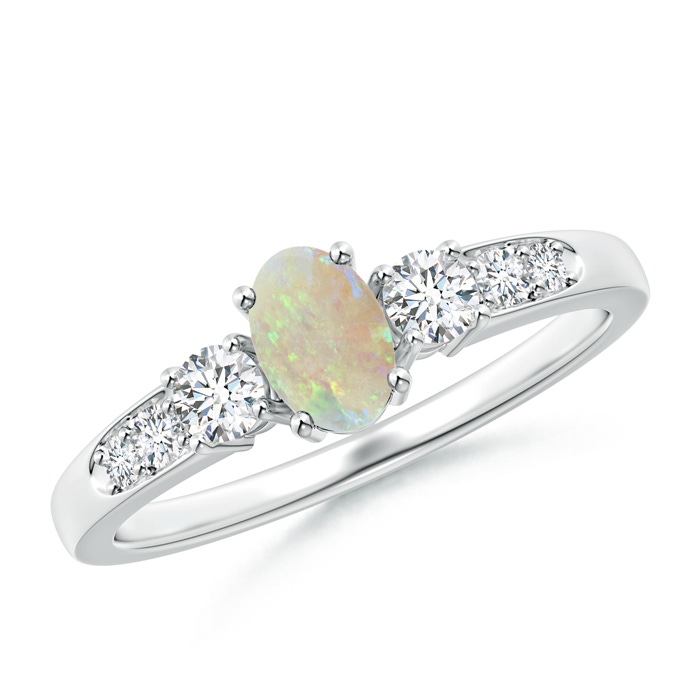 6x4mm AAA Three Stone Opal and Diamond Ring with Accents in White Gold 