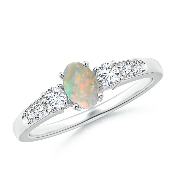 6x4mm AAAA Three Stone Opal and Diamond Ring with Accents in White Gold 