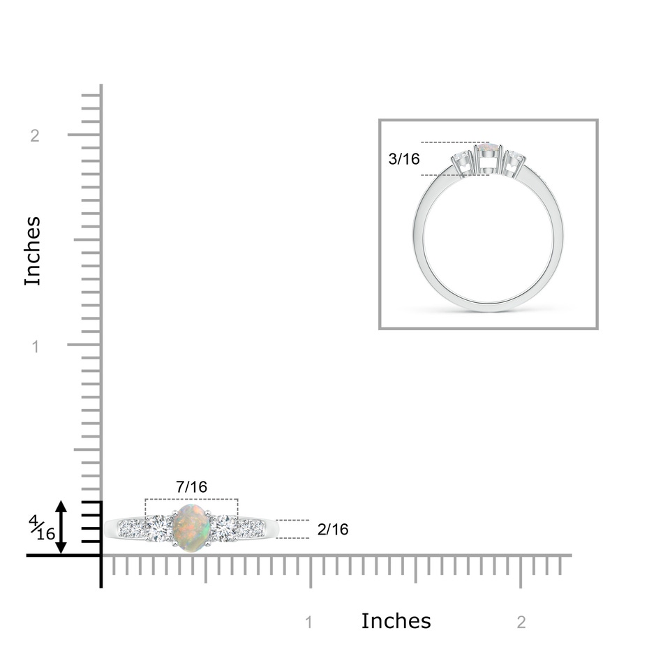 6x4mm AAAA Three Stone Opal and Diamond Ring with Accents in White Gold ruler