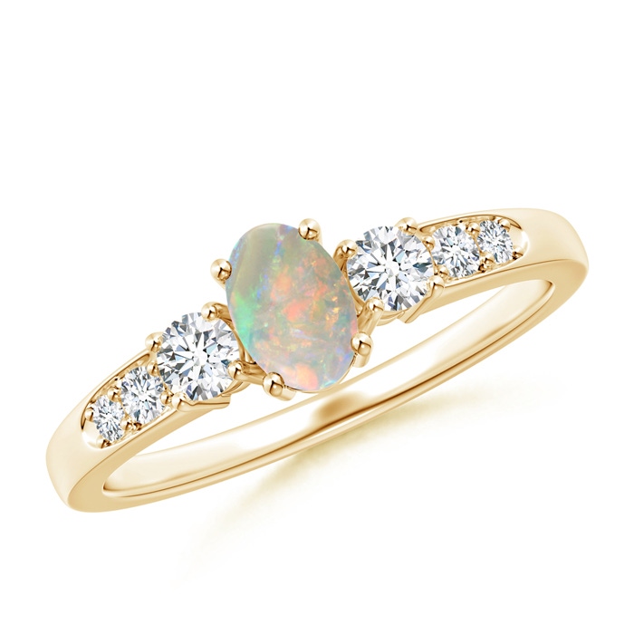 6x4mm AAAA Three Stone Opal and Diamond Ring with Accents in Yellow Gold 