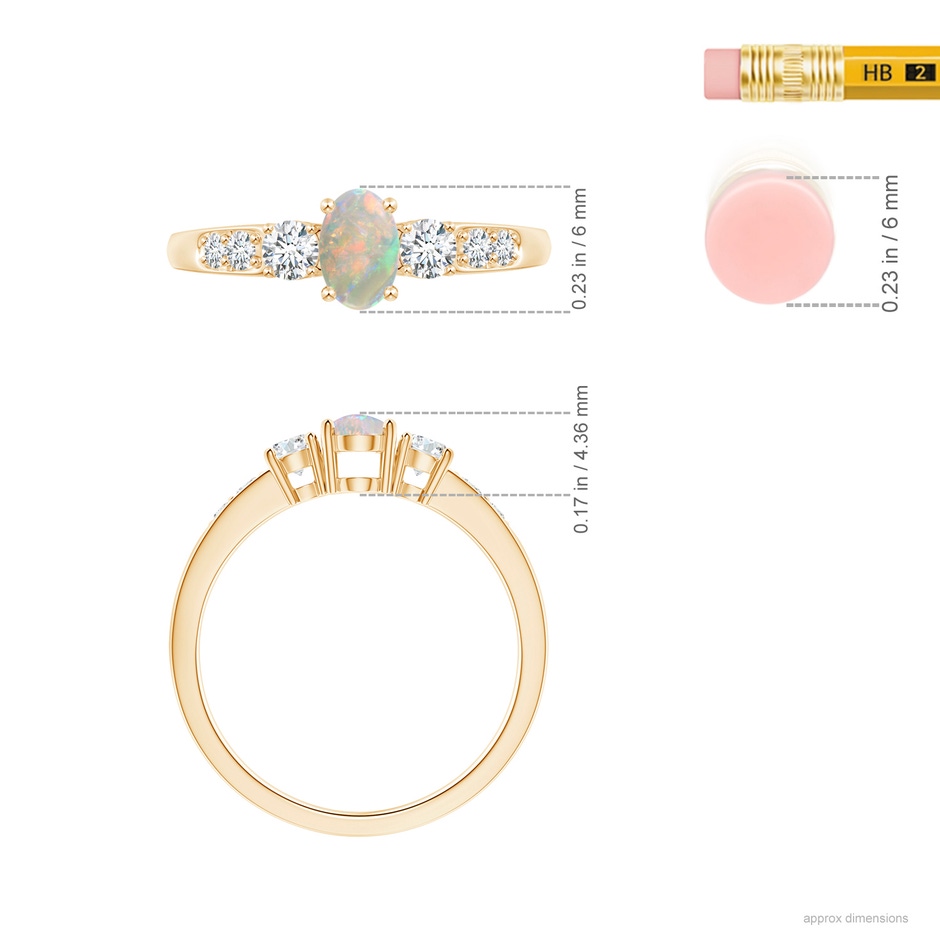 6x4mm AAAA Three Stone Opal and Diamond Ring with Accents in Yellow Gold ruler