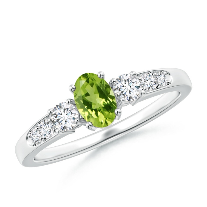 6x4mm AAA Three Stone Peridot and Diamond Ring with Accents in White Gold