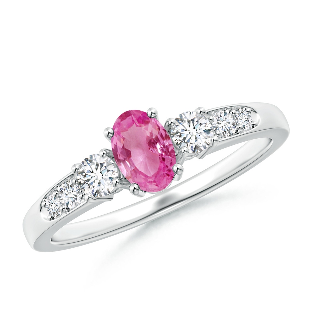 6x4mm AAA Three Stone Pink Sapphire and Diamond Ring with Accents in White Gold