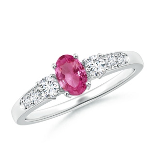 6x4mm AAAA Three Stone Pink Sapphire and Diamond Ring with Accents in White Gold