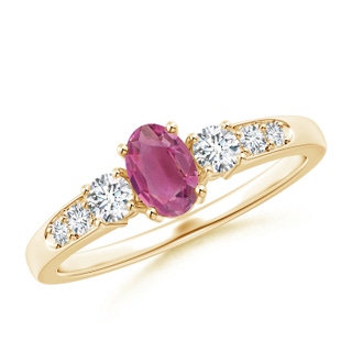 6x4mm AAA Three Stone Pink Tourmaline and Diamond Ring with Accents in Yellow Gold