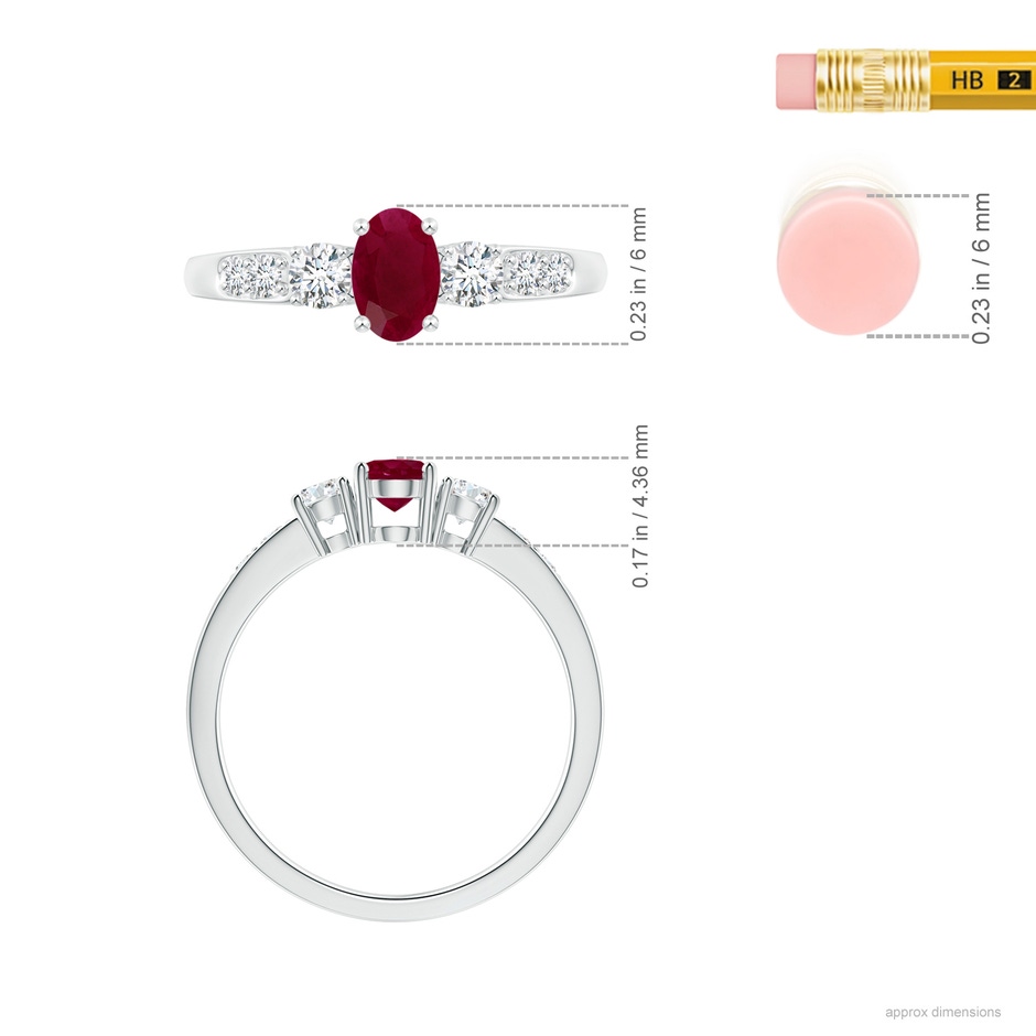 6x4mm A Three Stone Ruby and Diamond Ring with Accents in White Gold ruler