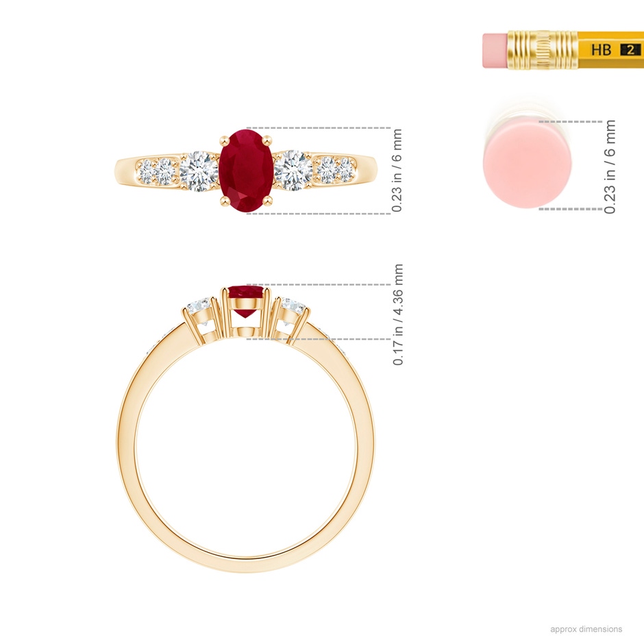 6x4mm AA Three Stone Ruby and Diamond Ring with Accents in 18K Yellow Gold ruler