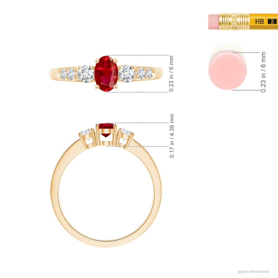 6x4mm AAA Three Stone Ruby and Diamond Ring with Accents in 18K Yellow Gold ruler