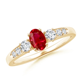 6x4mm AAA Three Stone Ruby and Diamond Ring with Accents in 9K Yellow Gold