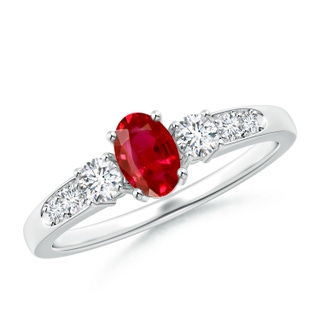 6x4mm AAA Three Stone Ruby and Diamond Ring with Accents in White Gold