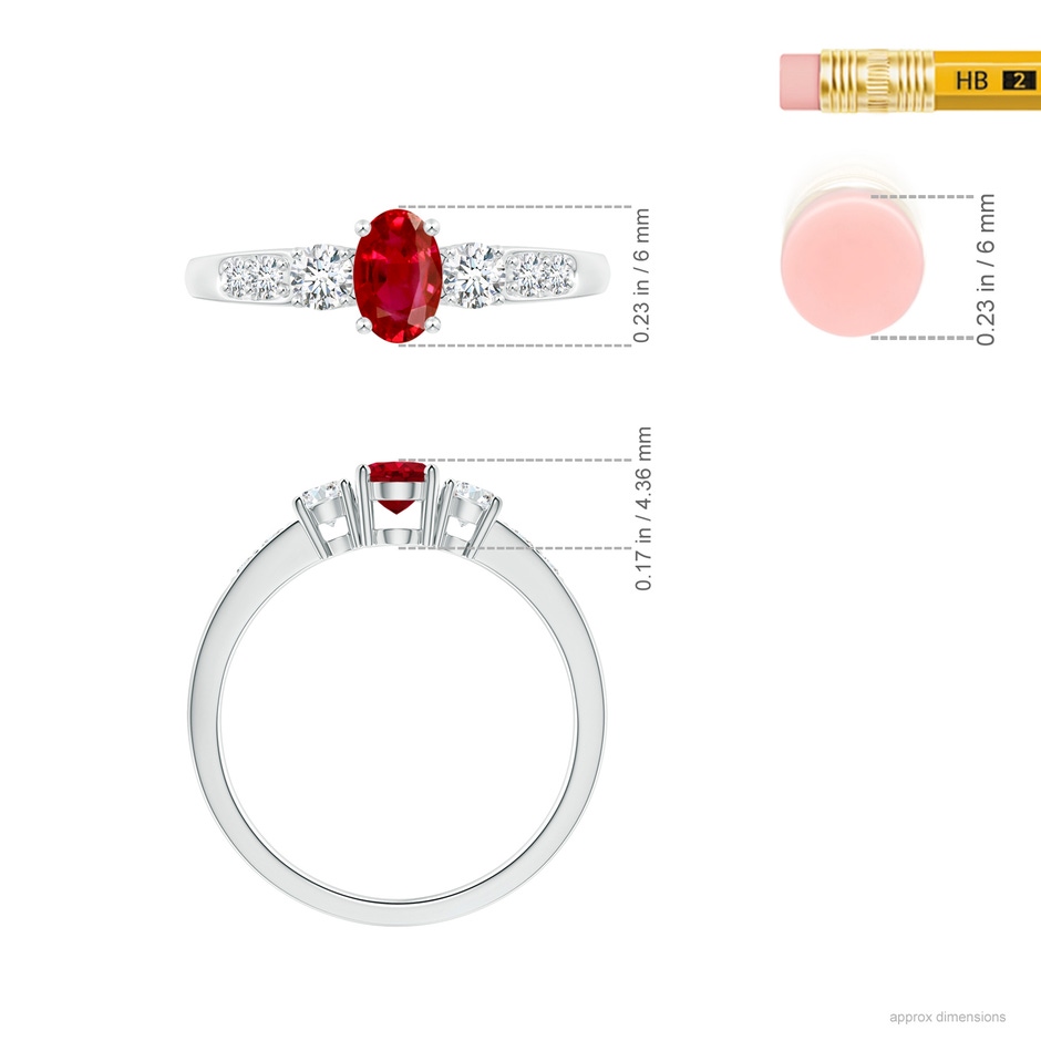 6x4mm AAA Three Stone Ruby and Diamond Ring with Accents in White Gold ruler