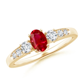 6x4mm AAA Three Stone Ruby and Diamond Ring with Accents in Yellow Gold