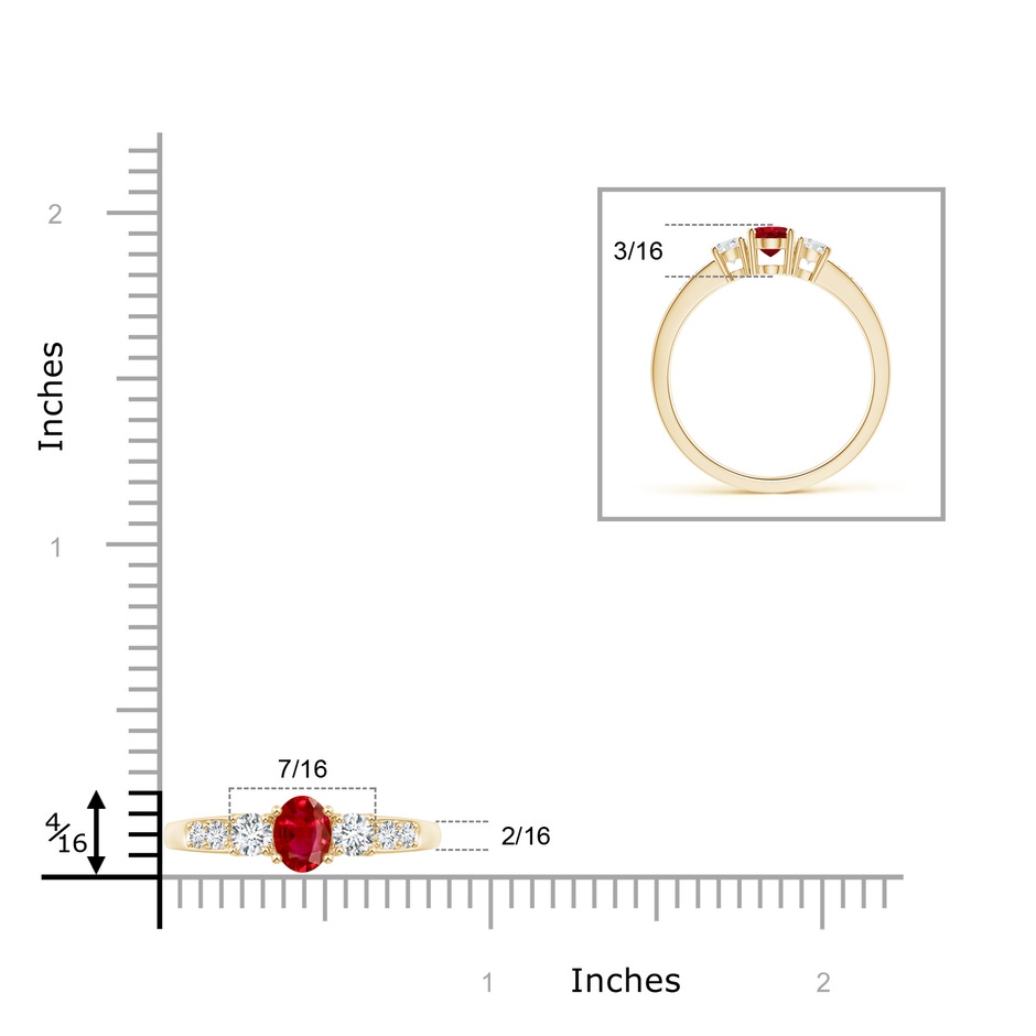 6x4mm AAA Three Stone Ruby and Diamond Ring with Accents in Yellow Gold ruler