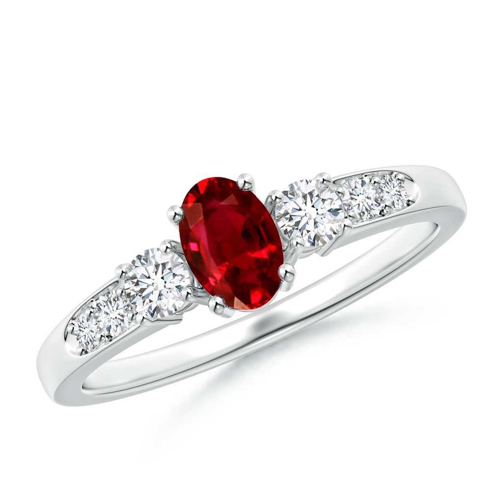 6x4mm AAAA Three Stone Ruby and Diamond Ring with Accents in P950 Platinum