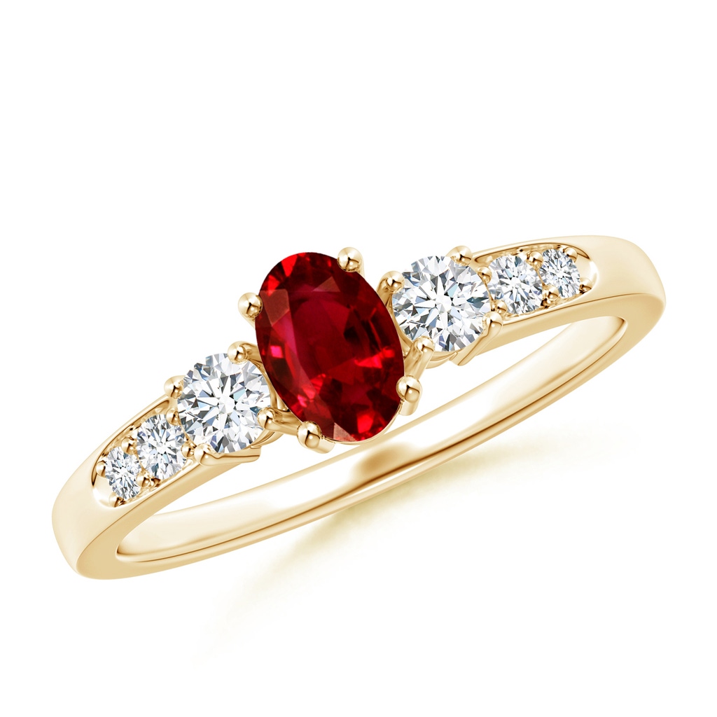6x4mm AAAA Three Stone Ruby and Diamond Ring with Accents in Yellow Gold