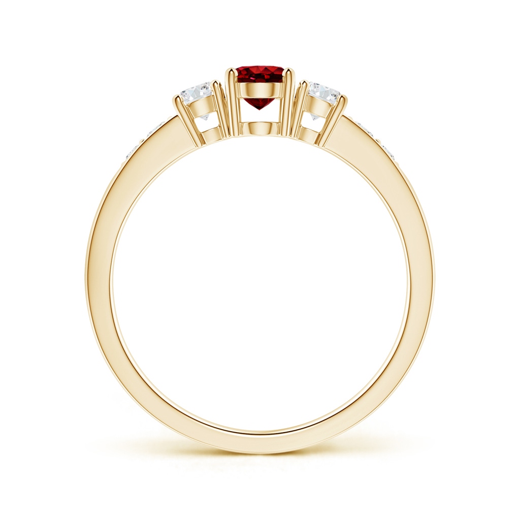 6x4mm AAAA Three Stone Ruby and Diamond Ring with Accents in Yellow Gold Side-1