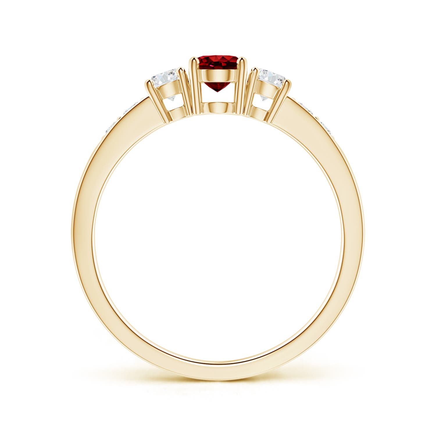 6x4mm AAAA Three Stone Ruby and Diamond Ring with Accents in Yellow Gold