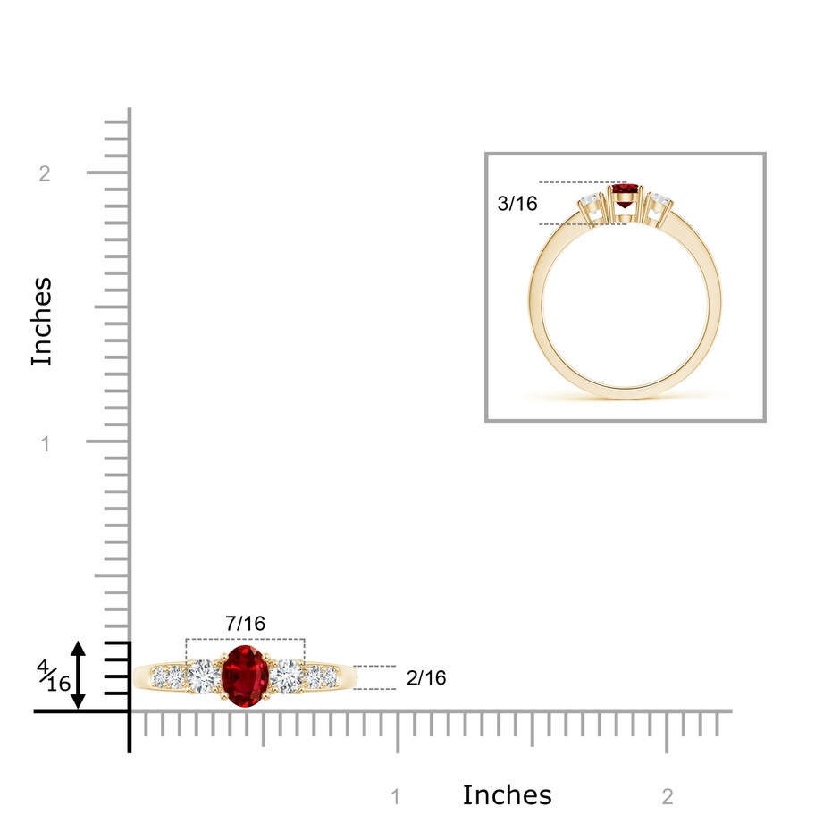 6x4mm AAAA Three Stone Ruby and Diamond Ring with Accents in Yellow Gold ruler