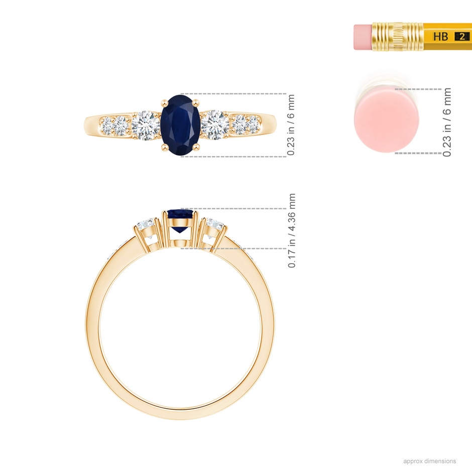 6x4mm A Three Stone Blue Sapphire and Diamond Ring with Accents in Yellow Gold ruler
