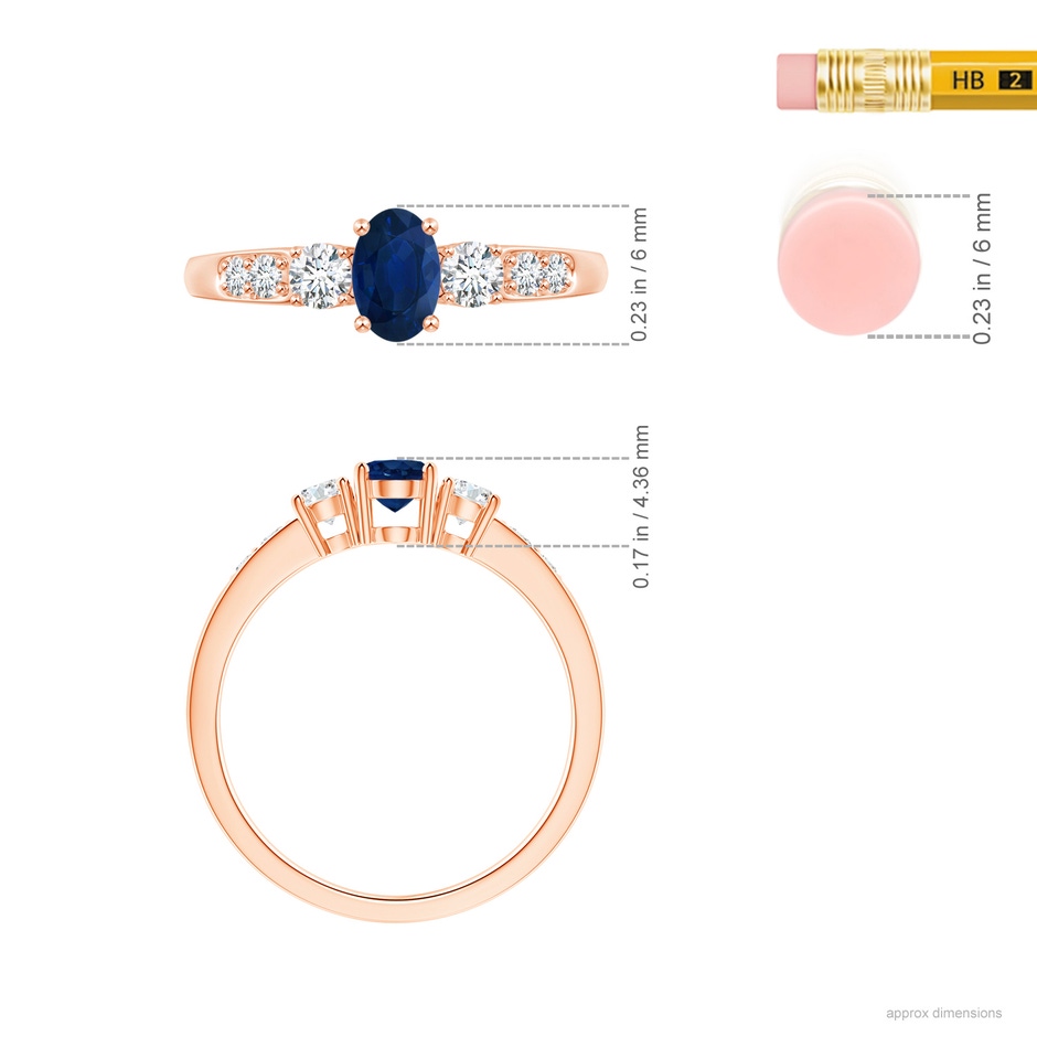 6x4mm AA Three Stone Blue Sapphire and Diamond Ring with Accents in Rose Gold ruler