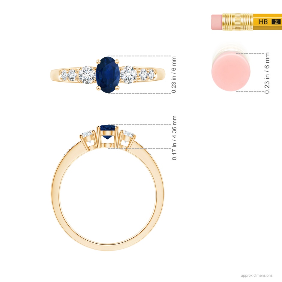 6x4mm AA Three Stone Blue Sapphire and Diamond Ring with Accents in Yellow Gold ruler