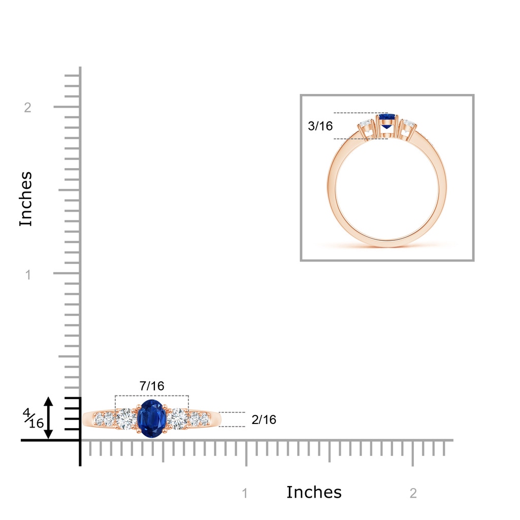 6x4mm AAA Three Stone Blue Sapphire and Diamond Ring with Accents in Rose Gold Ruler