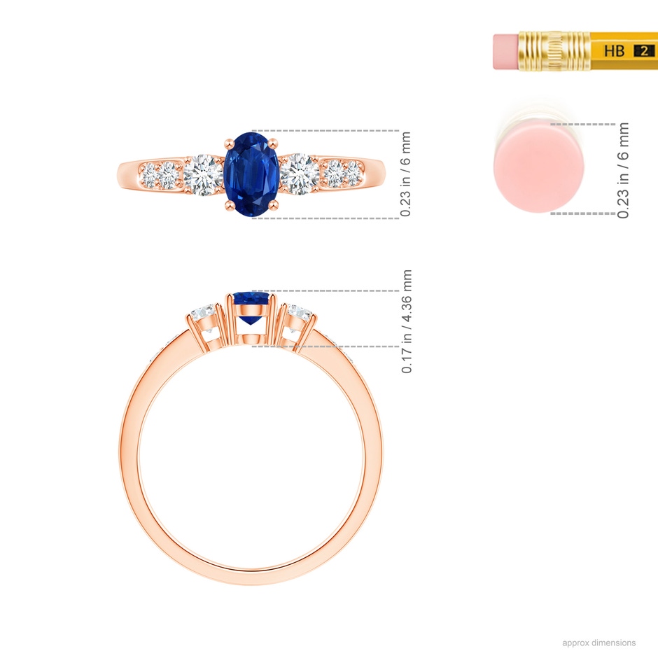 6x4mm AAA Three Stone Blue Sapphire and Diamond Ring with Accents in Rose Gold ruler