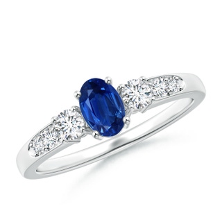 6x4mm AAA Three Stone Blue Sapphire and Diamond Ring with Accents in White Gold
