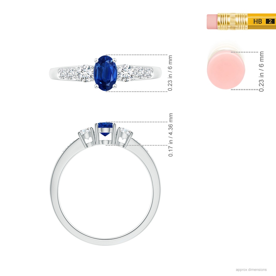 6x4mm AAA Three Stone Blue Sapphire and Diamond Ring with Accents in White Gold ruler