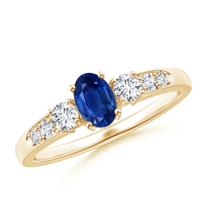 6x4mm AAA Three Stone Blue Sapphire and Diamond Ring with Accents in Yellow Gold