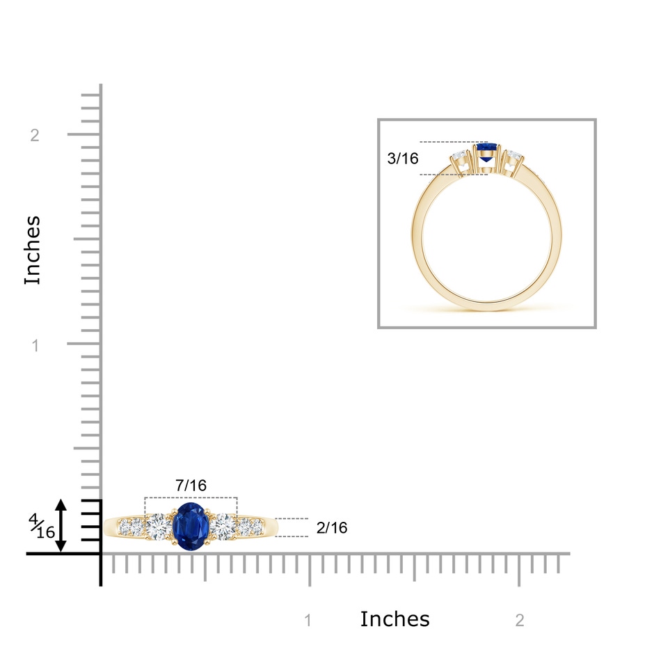 6x4mm AAA Three Stone Blue Sapphire and Diamond Ring with Accents in Yellow Gold ruler