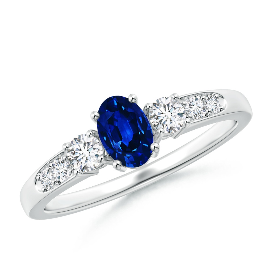 6x4mm AAAA Three Stone Blue Sapphire and Diamond Ring with Accents in White Gold 