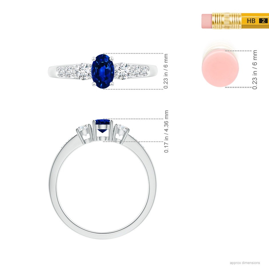 6x4mm AAAA Three Stone Blue Sapphire and Diamond Ring with Accents in White Gold ruler