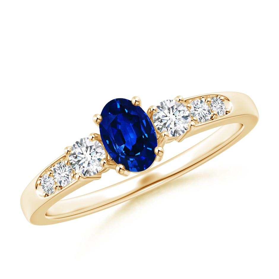 6x4mm AAAA Three Stone Blue Sapphire and Diamond Ring with Accents in Yellow Gold 