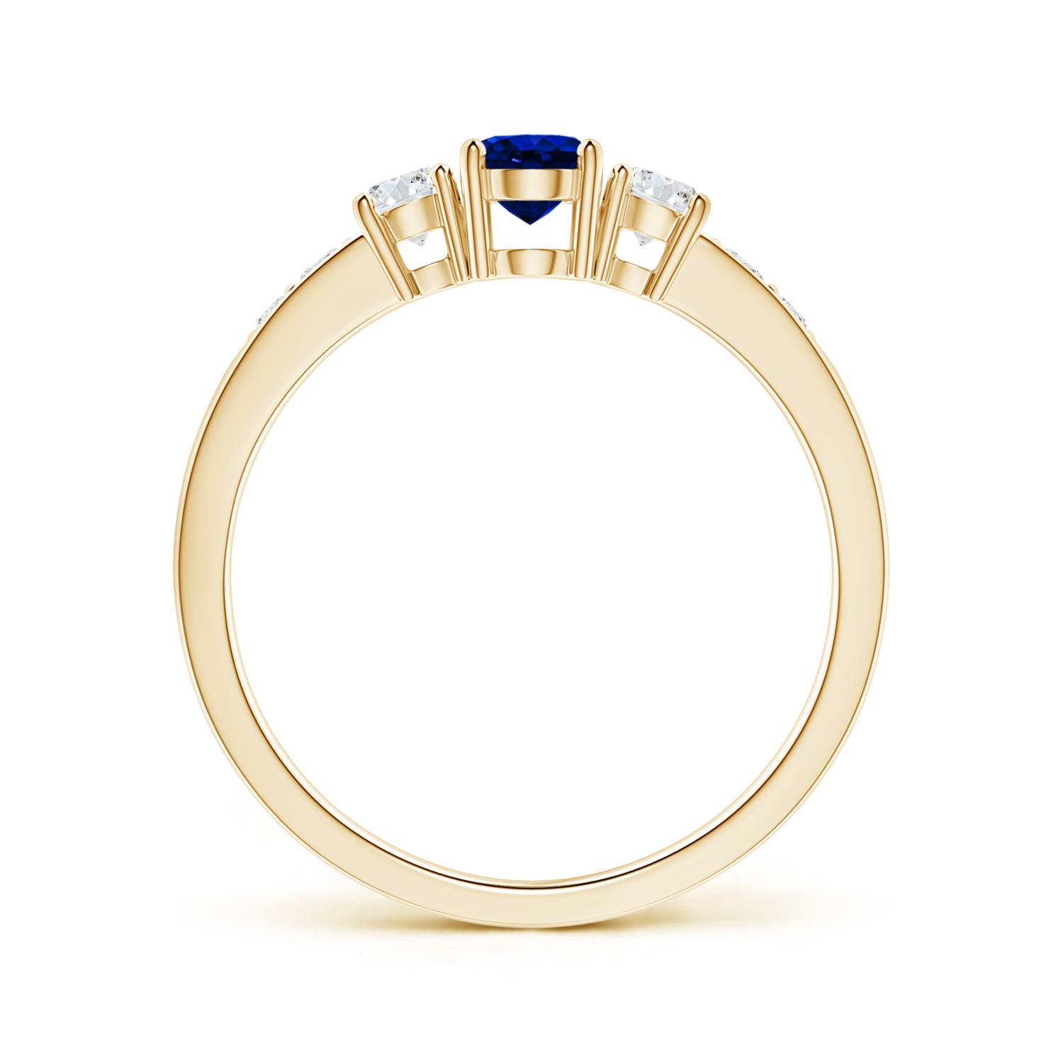 6x4mm AAAA Three Stone Blue Sapphire and Diamond Ring with Accents in Yellow Gold