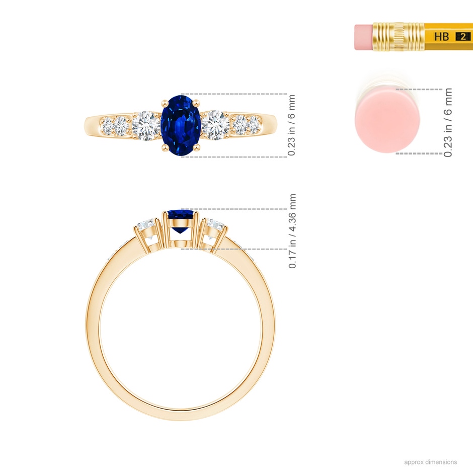 6x4mm AAAA Three Stone Blue Sapphire and Diamond Ring with Accents in Yellow Gold ruler