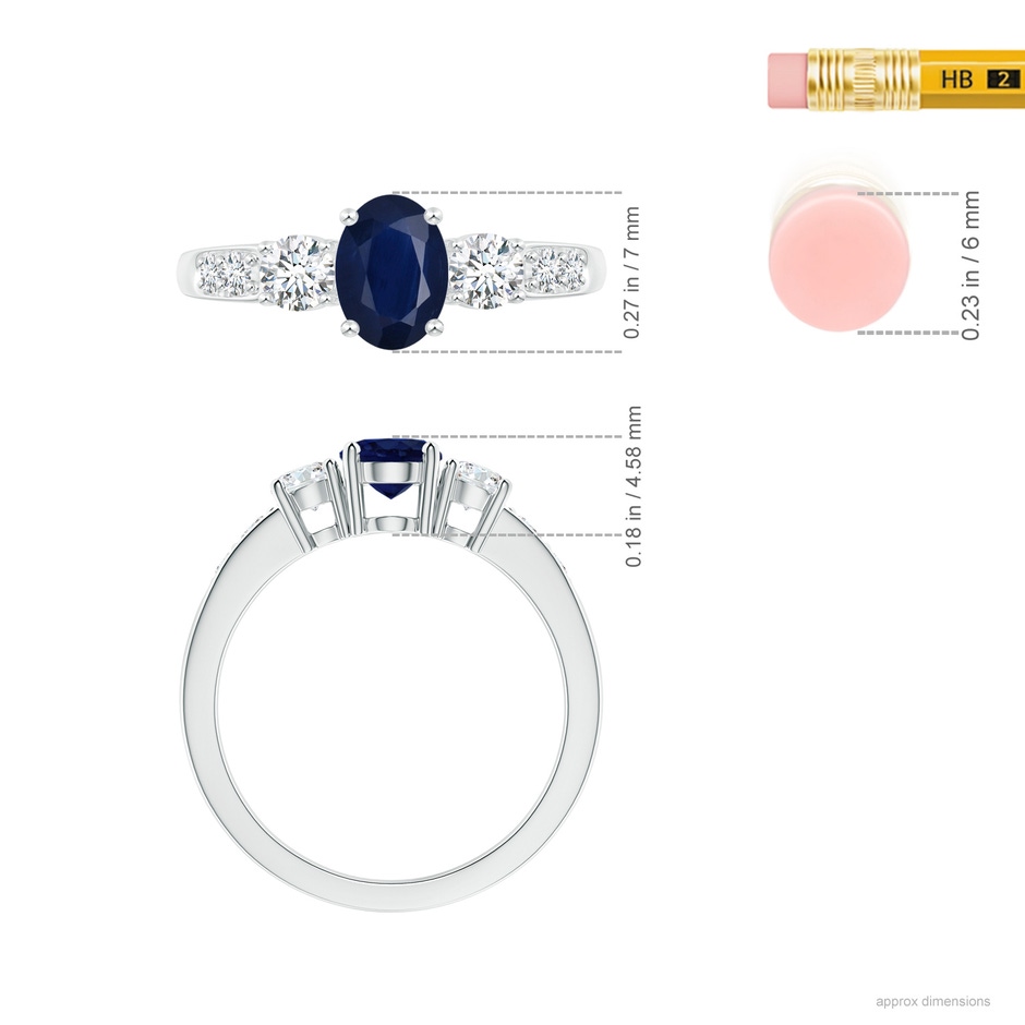 7x5mm A Three Stone Blue Sapphire and Diamond Ring with Accents in White Gold ruler