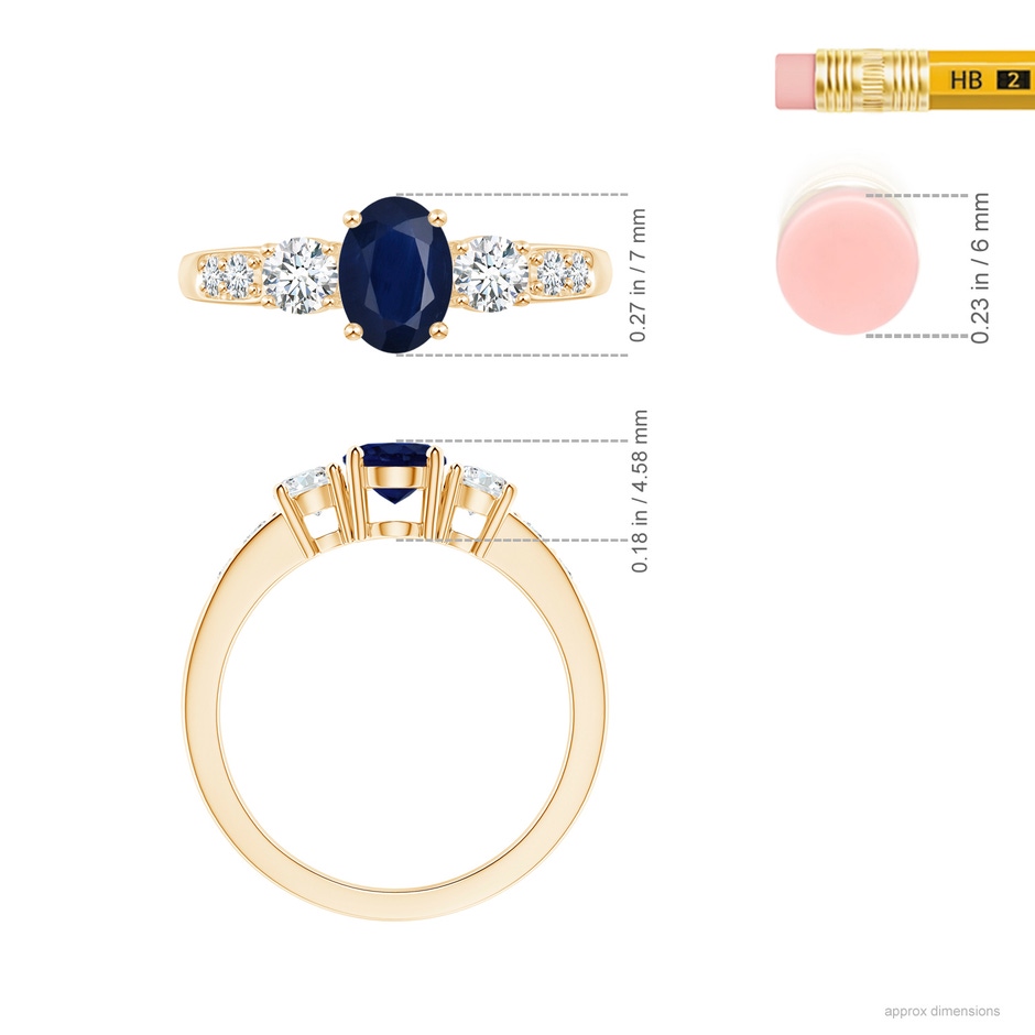 7x5mm A Three Stone Blue Sapphire and Diamond Ring with Accents in Yellow Gold ruler