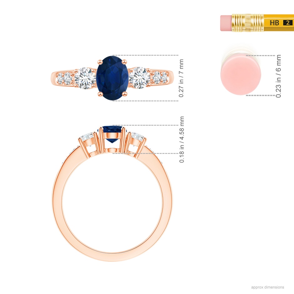 7x5mm AA Three Stone Blue Sapphire and Diamond Ring with Accents in 18K Rose Gold ruler