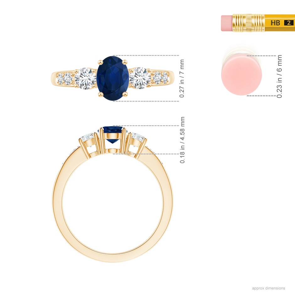 7x5mm AA Three Stone Blue Sapphire and Diamond Ring with Accents in Yellow Gold ruler