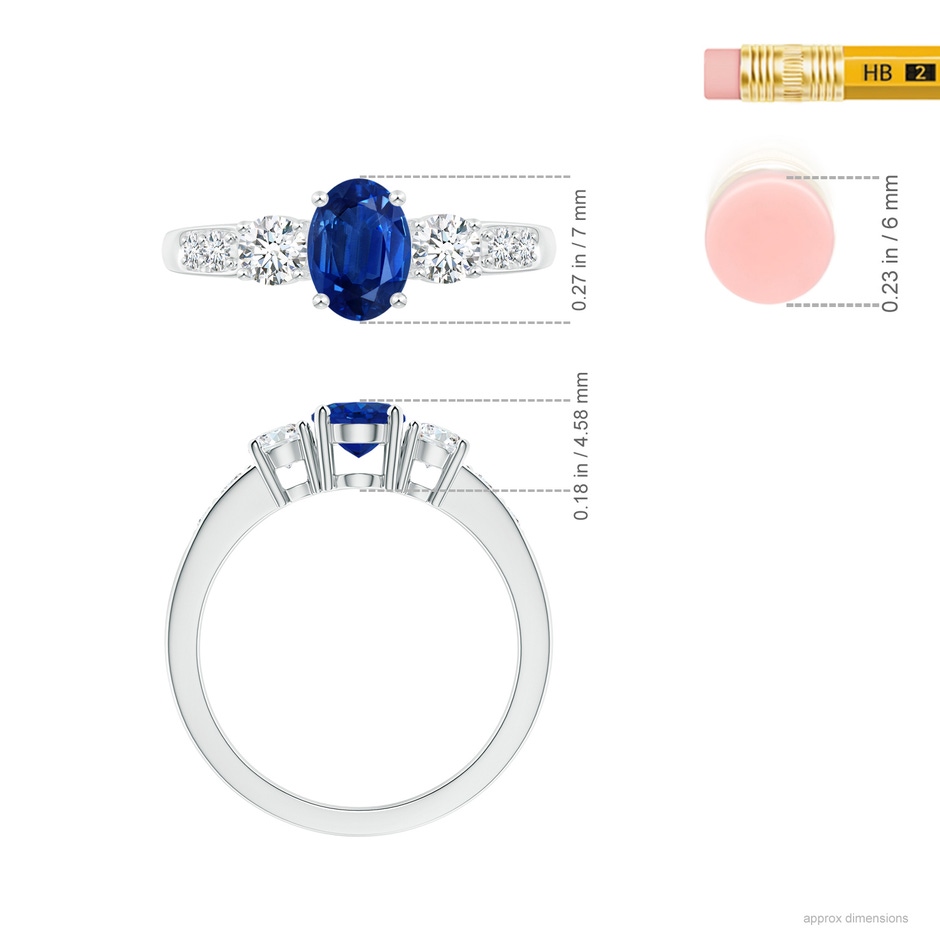 7x5mm AAA Three Stone Blue Sapphire and Diamond Ring with Accents in P950 Platinum ruler