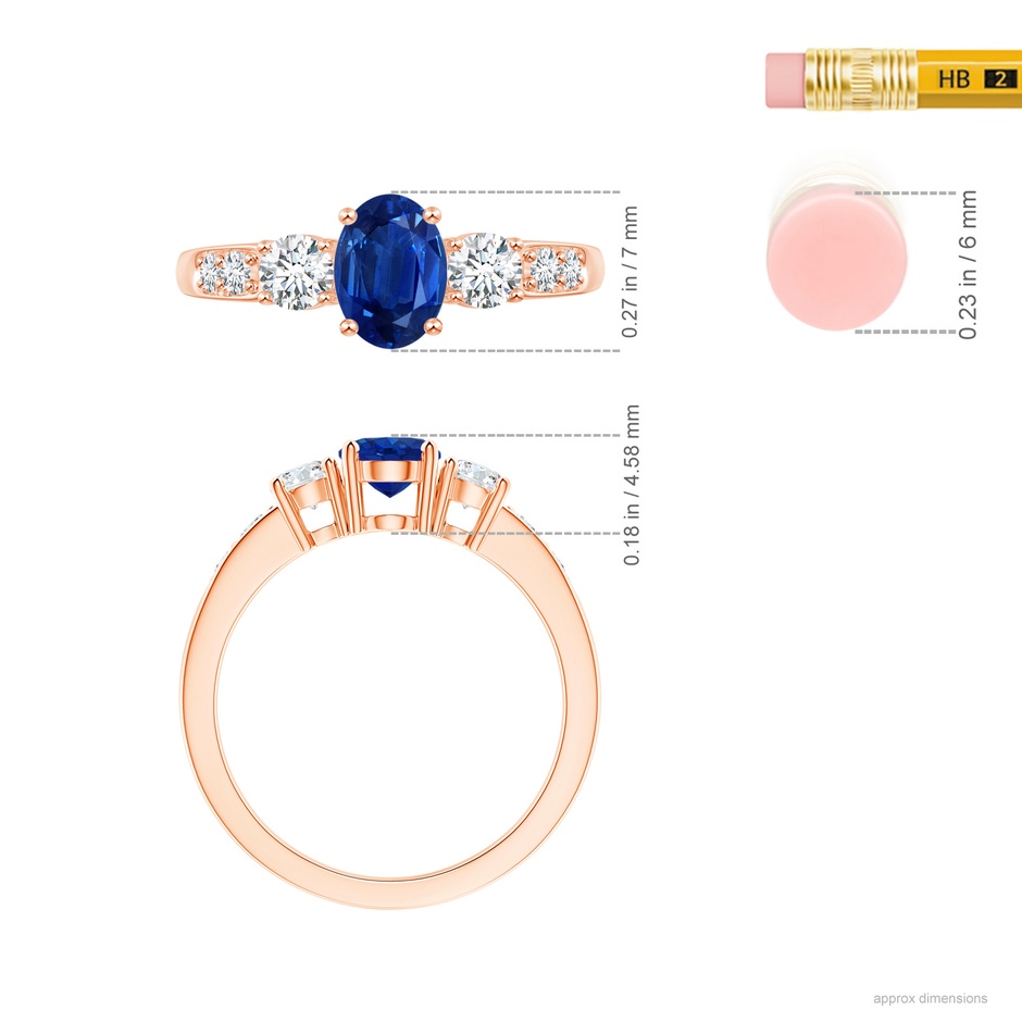 7x5mm AAA Three Stone Blue Sapphire and Diamond Ring with Accents in Rose Gold ruler
