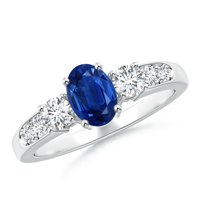 7x5mm AAA Three Stone Blue Sapphire and Diamond Ring with Accents in White Gold