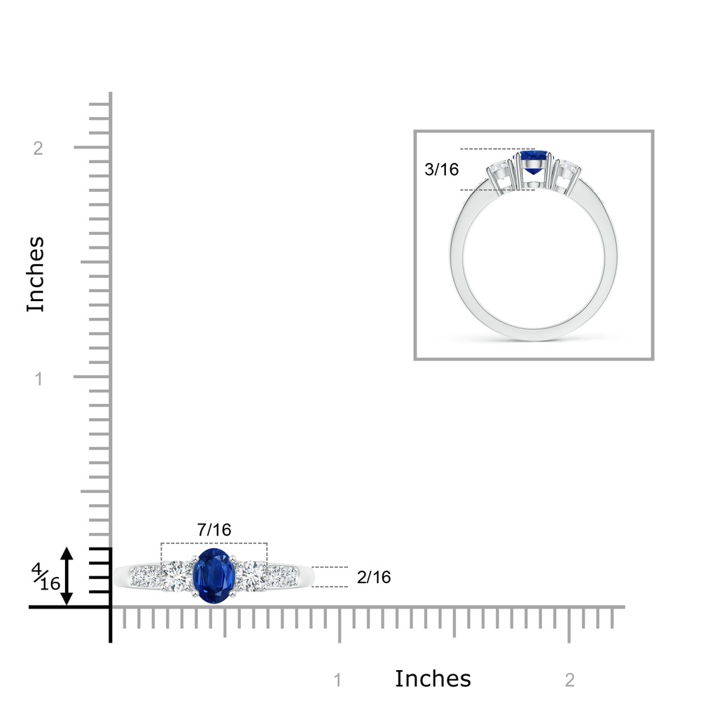 7x5mm AAA Three Stone Blue Sapphire and Diamond Ring with Accents in White Gold Ruler