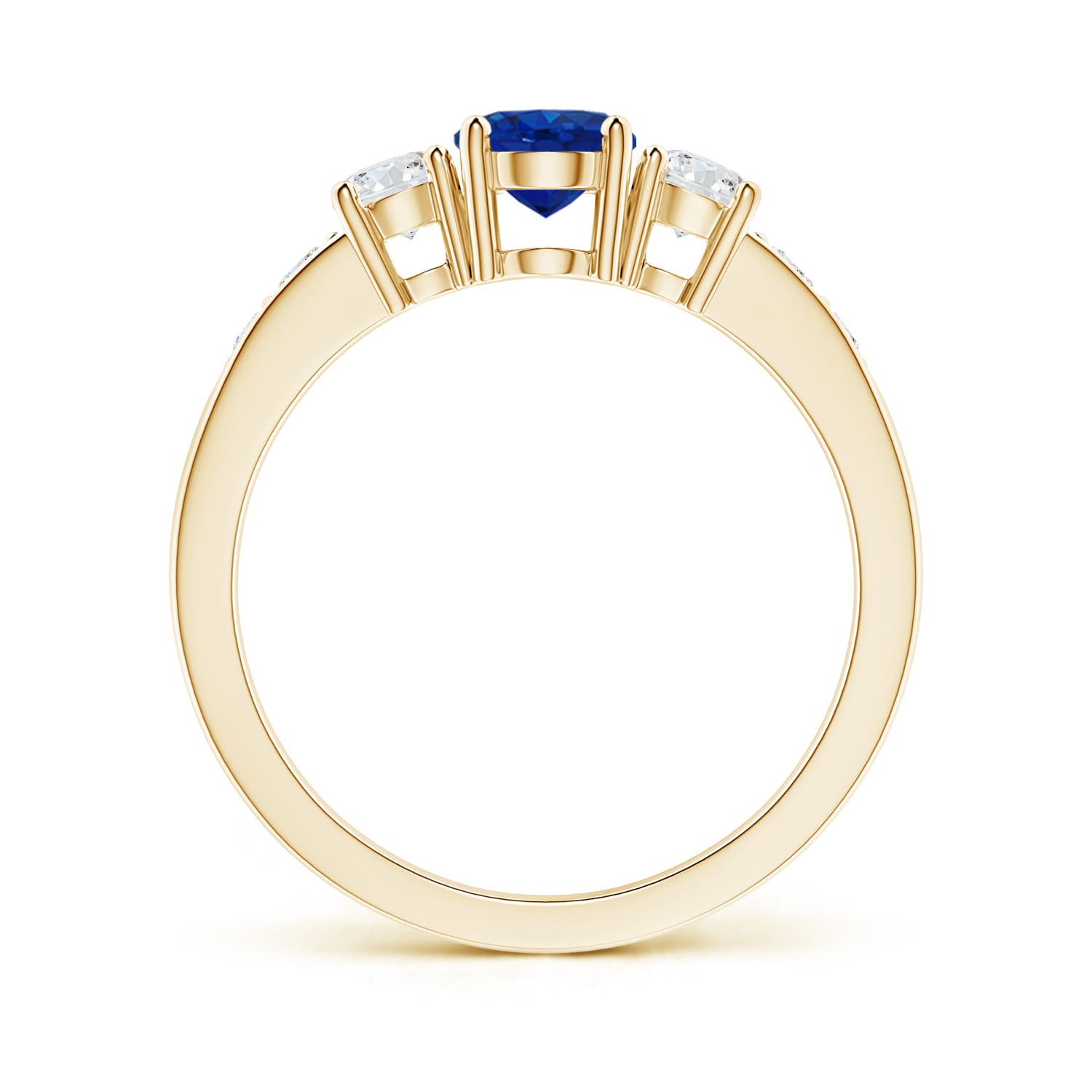 7x5mm AAA Three Stone Blue Sapphire and Diamond Ring with Accents in Yellow Gold