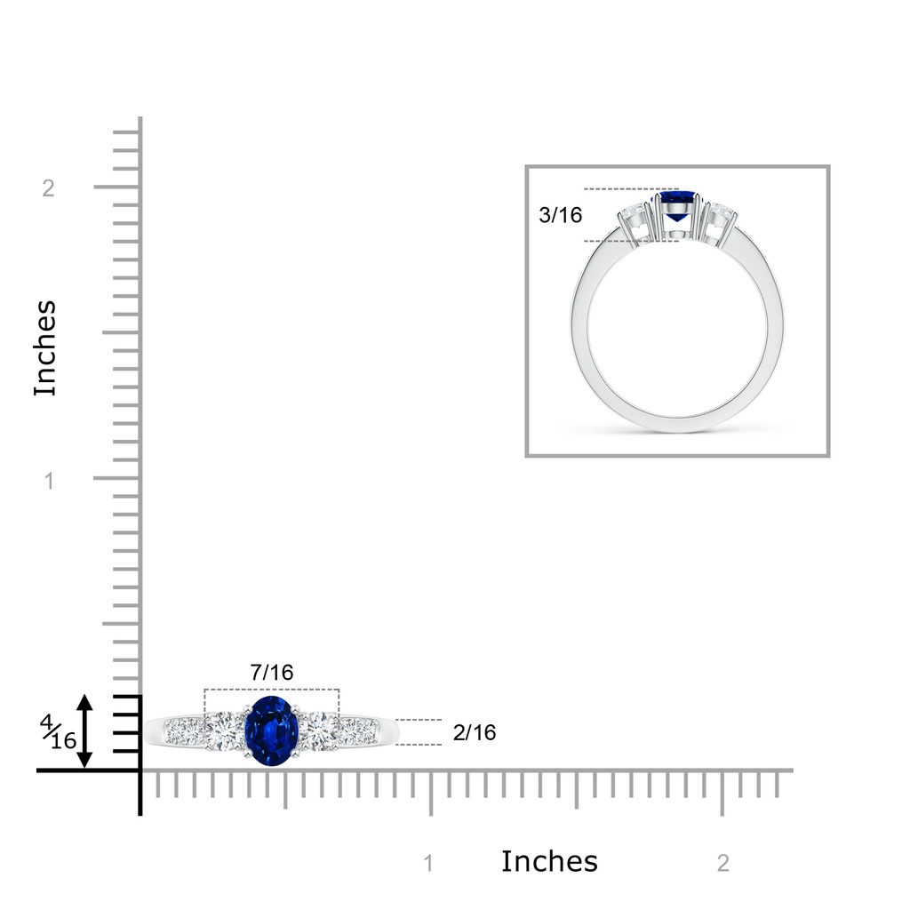 7x5mm AAAA Three Stone Blue Sapphire and Diamond Ring with Accents in P950 Platinum Ruler
