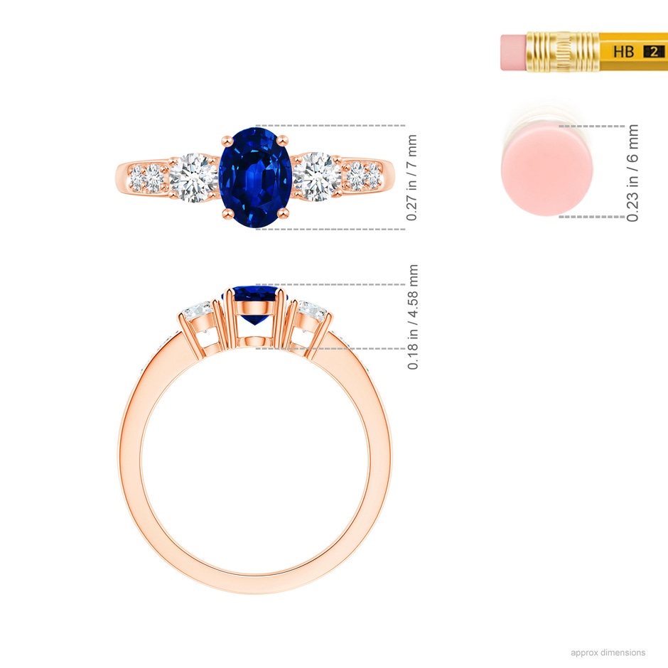7x5mm AAAA Three Stone Blue Sapphire and Diamond Ring with Accents in Rose Gold ruler