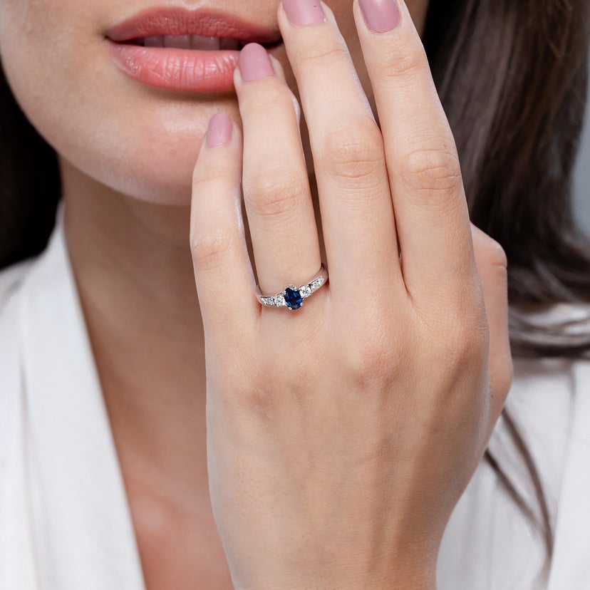 Three Stone Blue Sapphire and Diamond Engagement Ring with Accents