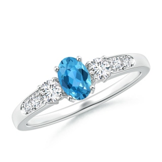 6x4mm AAA Three Stone Swiss Blue Topaz and Diamond Ring with Accents in White Gold